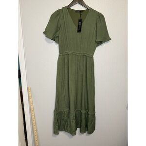 Mikarose Medium Flutter Sleeve Olive Green Midi Dress Modest